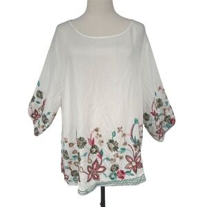 NEW Parami Design Women's 3X Floral Embroidered Blouse 3/4 Sleeve Bohemian